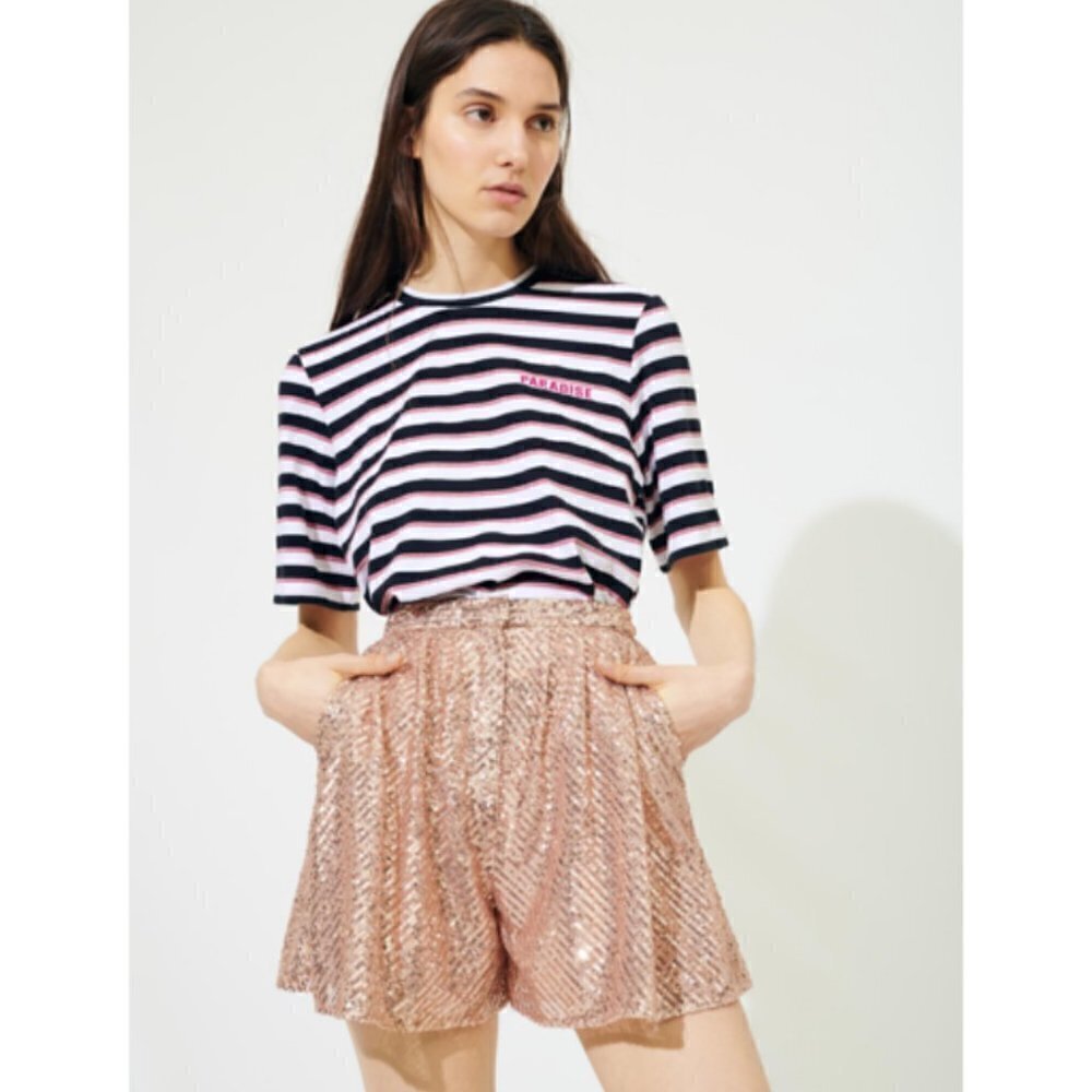 💕MAJE💕 Paillette Pleated Sequined Tulle Shorts High Rise ~ Metal Pink 38 NWT